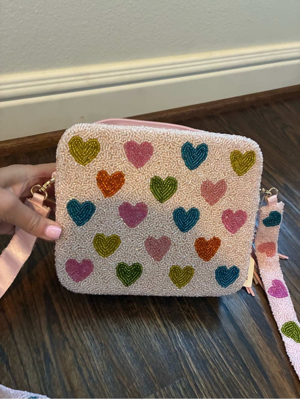 Tiana NY Pink Beaded Heart Crossbody Bag